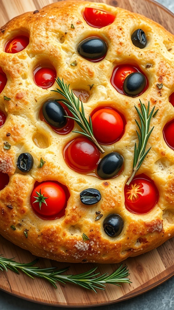 Golden focaccia bread topped with cherry tomatoes, rosemary, and olives on a wooden board.